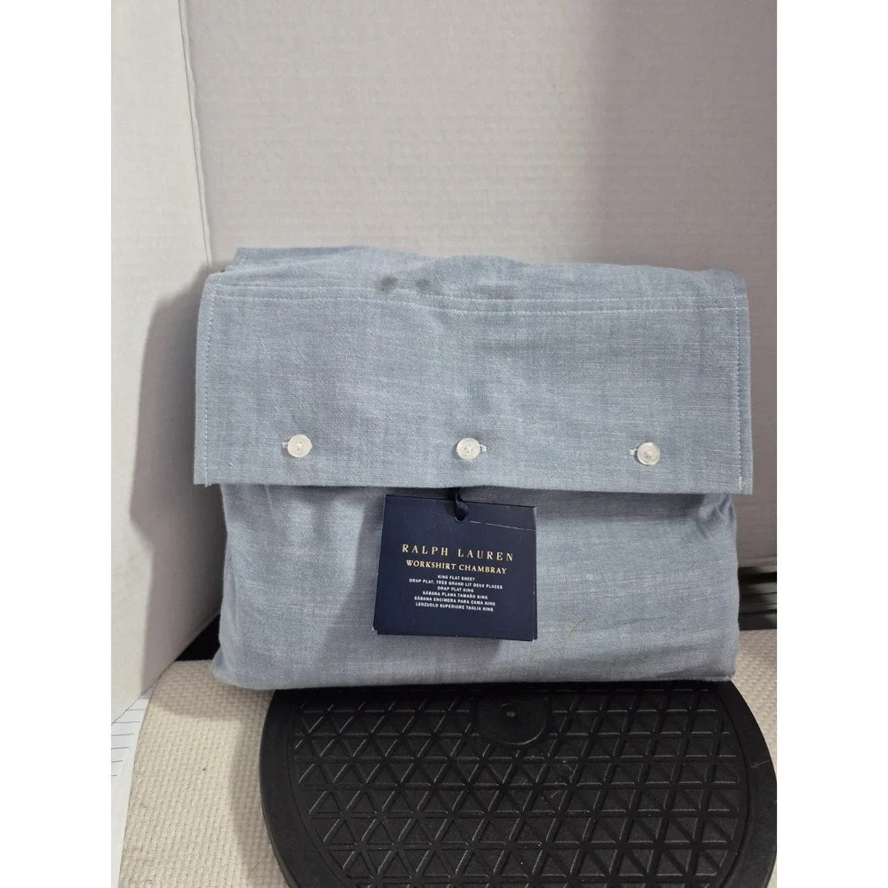 Ralph Lauren Workshirt Chambray King Flat Sheet Blue Luxury Bedding 114x108 NEW